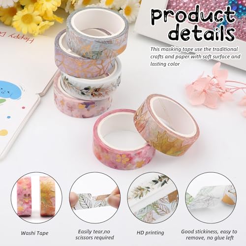 6 Rolls Gold Floral Washi Tape Set,15mm Gold Foil Colored Floral Pattern Decorative Tape,Decorative Masking Tapes for DIY Scrapbook Design Journaling Handbook Making Card Wrap Craft Gift(16.4ft)
