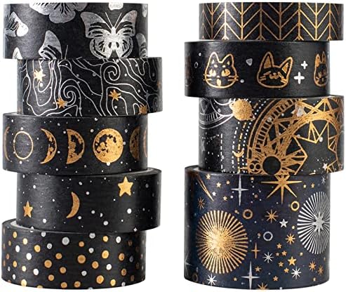 YUBBAEX Mystic Gold Washi Tape Set Wide Silver Foil Masking Tape Decorative for Arts, DIY Crafts, Journal Supplies, Planners, Scrapbook, Card/Gift Wrapping (Dark Night)