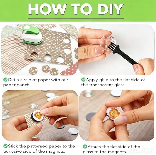 65pcs 1.2 Inch DIY Fridge Glass Magnets Craft Set Include 1.2“ Paper Punch,Craft Magnet with Adhesive Backing and Clear Glass Cabochons for Refrigerator (32 Sets,1.2 in/30mm, Round)
