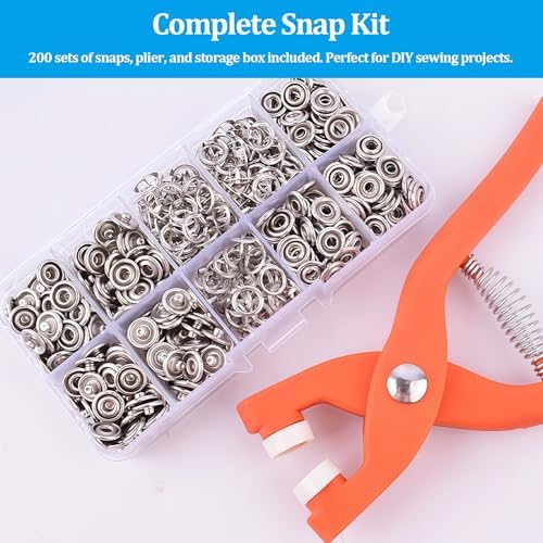 Snap Button Kit, 200 Sets 0.37'' Metal Snap Buttons with Fastener Pliers Press Tool and Box, No Sewing Rust Proof DIY Press Studs Button Fix Tools Perfect for DIY Crafts Clothes Hats