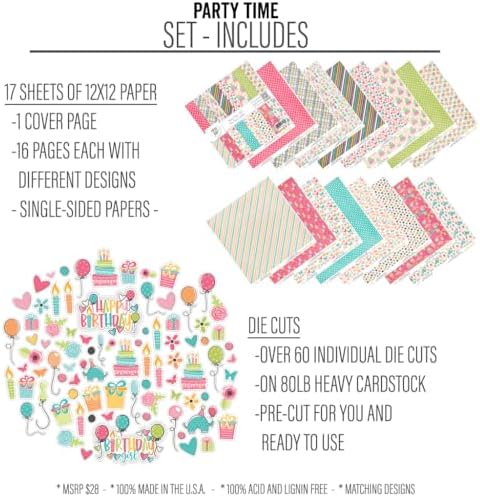 Die Cuts & Paper Set - Party Time - By Miss Kate Cuttables - 16 Sheets of 12"x12" Premium Specialty Paper & OVER 60 Coordinating Die Cuts - Exclusive Original Matching SET