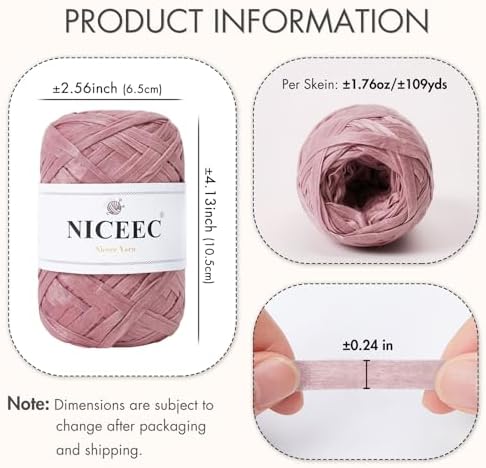 NICEEC 2 Skeins Soft Tape Yarn-Pink