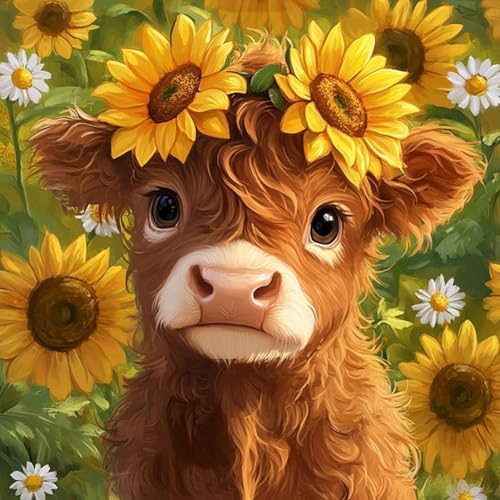 AALBLAC Cow Paint by Numbers Kit for Adults Beginners, Highland Cow Flower Paint by Number for Adults, Easy Animal Acrylic Painting by Numbers for Home Wall Decoration (16x16 inch)