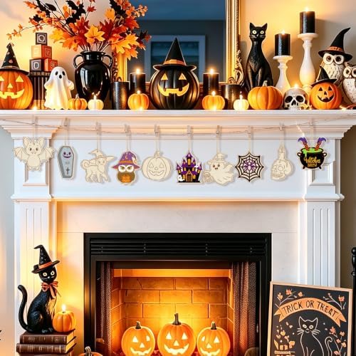 80PCS Wooden Halloween Ornaments to Paint Fall Decorations Crafts for Kids, 10 Styles DIY Blank Autumn Unfinished Skull Pumpkin Ghost Bat Boo Witch Feet Spiderweb Halloween Cutouts for Party Hanging