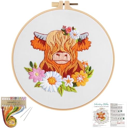 Louise Maelys Highland Cow Embroidery Kit for Beginners Floral DIY