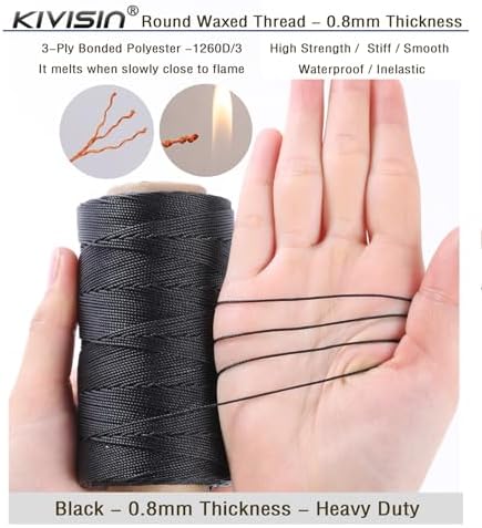 Bonded 0.8mm Round Waxed Polyester Cord, 3-ply Wax Coated Thread, 197 Yards Stiff String for Heavy Duty Fabric, Leather Sewing, Book Binding, Upholstery Repair, and Macrame Jewelry - Black
