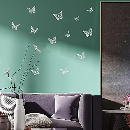 SAOROPEB 3D Butterfly Wall Decor, 48 Pcs 4 Styles 3 Sizes, Removable Metallic Wall Sticker Room Mural Decals for Kids Bedroom Nursery Classroom Party Decoration Wedding Decor DIY Gift (Sliver) | 4 Styles 3 Sizes, Removable Metallic Wall Sticker Mural D...