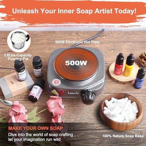 Leerie 3.6Lbs Soap Making Kit with Electronic Hot Plate, 1.6 Lb Glycerin Soap Base, Pouring Pot, Silicon Mold, Spoon,3 Essential Oils for Soap Making,3 Liquid Dyes, Melt & Pour Soap DIY Kits SMK500