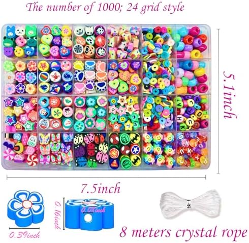 Bracelet Making kit, 1000pcs Polymer Clay Beads Bracelet Making kit, 24 Styles Fruit, Flower, Cake, Butterfly, Necklace, Earrings, DIY Bracelet Making kit Accessories for Women