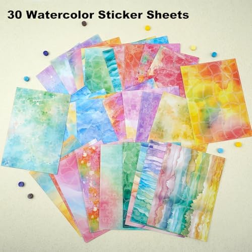 30 Sheets Puzzle Pre-Cut Washi Stickers, Featuring Abstract Watercolor, Pastel Gradient and Geometric Designs for Scrapbooking, Bullet Journaling, DIY Crafts