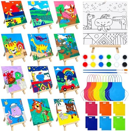 SytuHete 48PCS 12 Sets Printed Canvas Paint Art 12 Pcs Wooden Easel Set Paint Pots and Brushes and 12 Pre Drawn Canvas Panel 12 Pcs Mini Apron and Tote Bag for Kids(Classic)