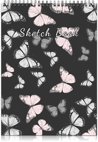 Deokke Sketchbook Top Spiral Bound Sketch Pad, 9 x 12 inch,100GSM Thick Paper,50 Sheets 100 Pages,Art Sketch Book Aesthetic Cute Drawing Writing Paper for Girls Women-Pink Gray Butterfly