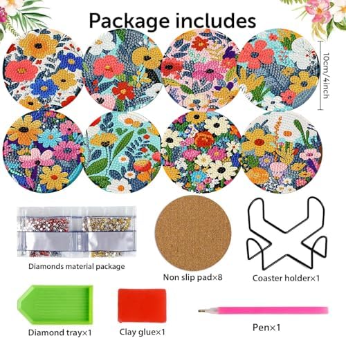 8 Pack Diamond Art Coasters,Wildflowers Diamond Painting Coasters Kits