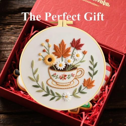 Konrisa Flower Cup Embroidery Kits for Adults,Creative Floral Embroidery Starter Kit DIY Sewing Practice with Hoop,Needlepoint Cross Stitch Kit, Set of 2