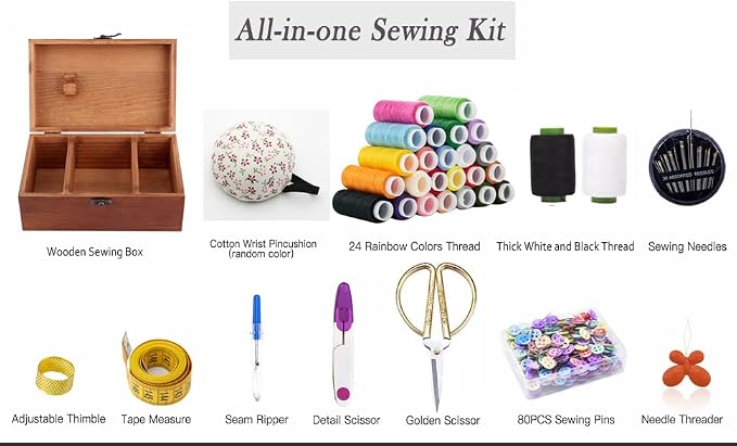 Wooden Sewing Kit Box with Cute Sewing Accessories, Sewing Basket Kit for Adults Beginners Kids Girls, Home Hand Sewing Starter Kit