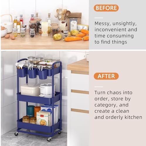JIUYOTREE 3-Tier Plastic Rolling Storage Cart Utility Cart Blue