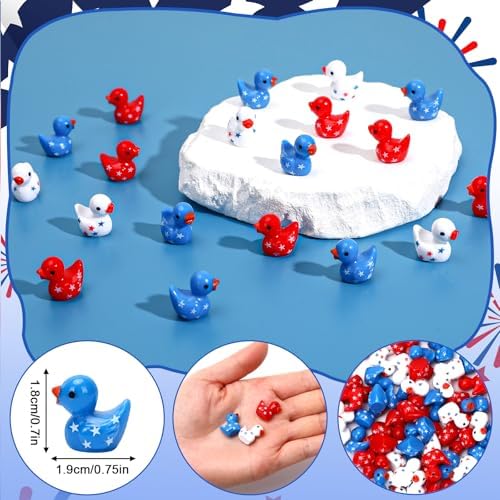 JUNEBRUSHS 50 Pcs Patriotic Ducks Mini Resin Duck 4th of July Tiny Ducks Red White Blue Miniature Ornaments for Vase Filler Jewelry Making DIY Crafts Party Gifts Decorations