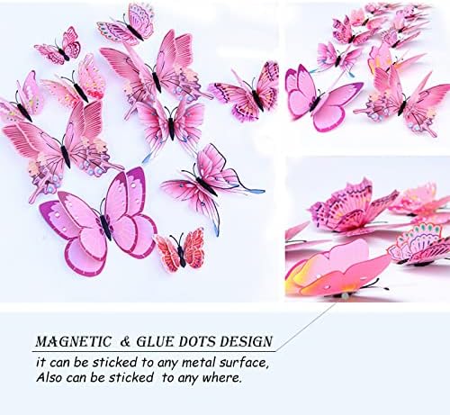 OPSEAM 3D Butterfly Wall Decor Butterfly Decorations Stickers with Magnets | 24 PCS Pink,12 Styles Double Layer Butterfly for Classroom Decoration,Locker Refrigerator, Reusable,Waterproof