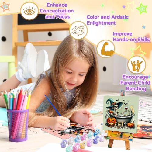 4 Pack Halloween Paint by Numbers Kit for Kids with Frame Easy 8x8 inch