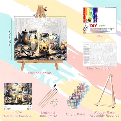 xackcme Faith, Hope, Love Paint by Numbers for Adults with Framed Canvas