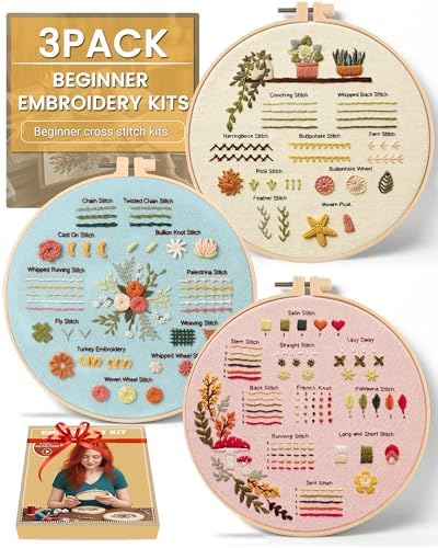 Beginner Embroidery Kit for Adults, 3 Pack Patterns with Video Guide