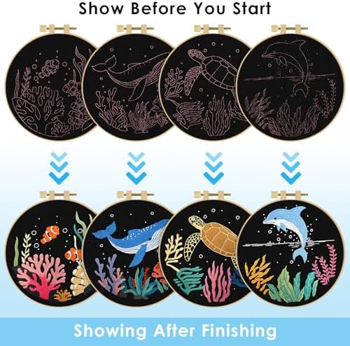 ERKOON 4 Set Embroidery Kit for Beginners, Cross Stitch Set Include Embroidery Cloth Hoops Threads for Craft Lover Hand Stitch with Embroidery Skill Techniques (Marine Animals)