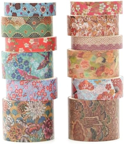 12 Rolls Kyoto Charm Washi Tape Set Japanese Arts Adhesive Tapes Geometric Garden Decorative Masking Tape Sets for Craft, Kids, Scrapbook, DIY, Gift Wrapping (Incense & Fireworks)