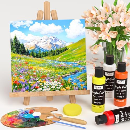 Nicpro 8 Primary Colors Acrylic Paint Set(4 oz, 120 ml), Rich Pigment | Non Toxic Craft Paint for Multi Surface Canvas, Wood, Ceramic, Rock, Fabric, Art Painting Supplies for Beginner Artist Adult