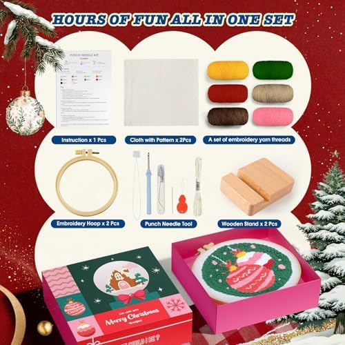 yuegool 2PCS Christmas Punch Needle Decoration Kit,Easy DIY Punch Needle Embroidery Kit for Beginners Adults Kids Including Patterns, Tools, Yarns, Hoop, Instruction, Bracket Art Craft Supplies