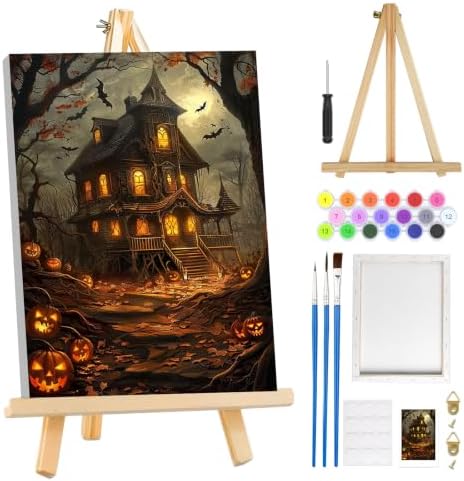 MOGTAA Halloween Paint by Numbers Kit for Adults Beginners with Frame, Pumpkin Castle Adult Paint by Number Kits on Canvas with Easel, Easy DIY Landscape Oil Painting Kits for Home Decor, 8x12in