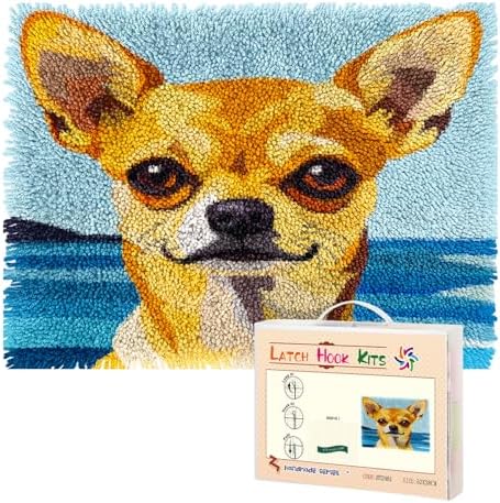 Latch Hook Kit Rug for Adults Chihuahua Dog with Sea Pre-Printed Handmade Carpet Crochet Yarn Craft DIY Hook and Latch Door Mat Tapestry Home Floor Decoration 52x38cm-3