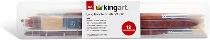 KINGART® PRO Long Handle Natural Hog Bristle Brushes, Oil & Acrylic Painting, Storage Case, Set of 12