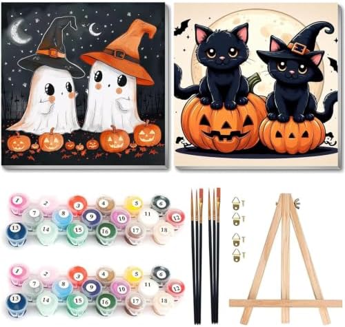 2 Pack Halloween Paint by Numbers Kit for Kids with Frame, Gift, 8x8Inch