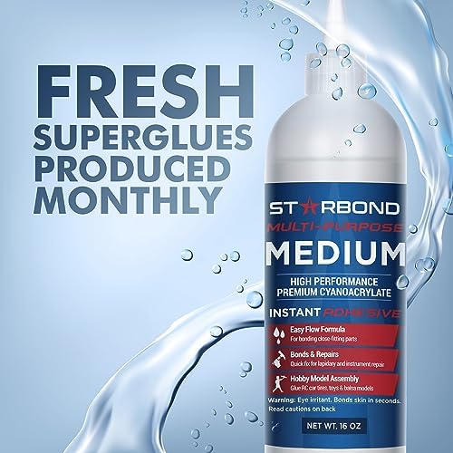 Starbond Medium CA Glue Complete Refill Kit (16 oz) – Cyanoacrylate Super Glue Refill System with Extra Bottles, Caps, Microtips & Yorker Spout for Woodworking, Carpentry, Quick Repairs & Hobby Builds