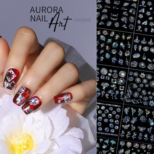Teenitor 50 Sheets Aurora Nail Stickers for Nail Art, Star Nail Art Stickers for Kids Women, Laser Silver Nail Decals Fingernail Stickers for Holiday, Self-Adhesive Nail Decorations
