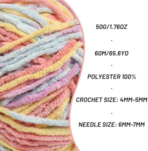 Plush Chenille Chunky Crochet Yarn - Baby Yarn for Crocheting Soft - Velvet Yarns Knitting for Blankets Crafts - Fluffy Amigurumi Yarns 50g / 65.6yd (Macaron)