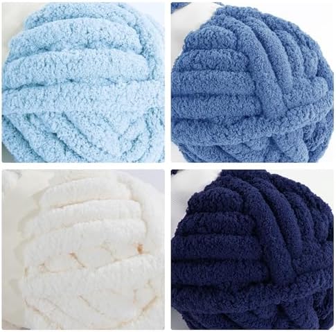 MABOZOO Assorted Chunky Yarn for Hand Knitting 8 Pack, Fluffy Jumbo Chenille Yarn, Soft Plush Yarn Bulky, Giant Thick Fuzzy Yarn for Arm Knitting,Cream & Multi Blue(31.7 yds,8 oz Each Skein)