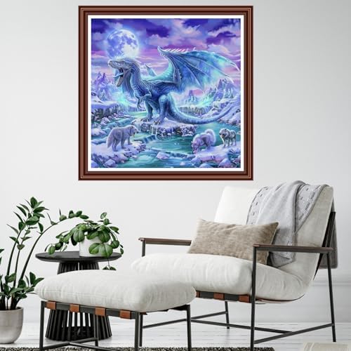 Dimensean Counted Cross Stitch Kit for Beginners, 11CT Unprinted Cross-Stitch Kit Easy Patterns Needlepoint Kit Cross Stitching Embroidery Kit Supplies-Snow Dragon Moon 18x18 inc