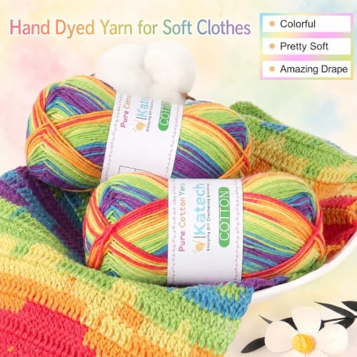 Katech 1OO% Rainbow Cotton Yarn for Crocheting-2 Sport Weight Baby Yarns