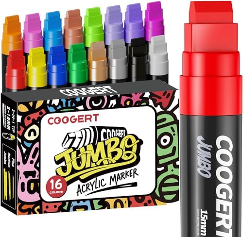 Coogert 16 Colors Jumbo Poster Markers, 15MM Thick Permanent Acrylic Graffiti Markers, Wide Tip Paint Marker for Canvas, Posters Board, Fabric, Window, Wood,Teachers,Banner painting supplies