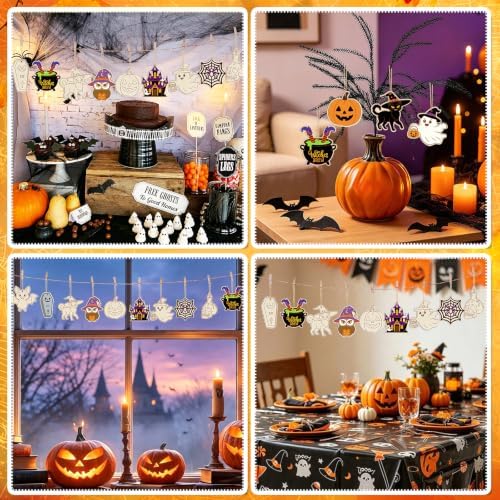 80PCS Wooden Halloween Ornaments to Paint Fall Decorations Crafts for Kids, 10 Styles DIY Blank Autumn Unfinished Skull Pumpkin Ghost Bat Boo Witch Feet Spiderweb Halloween Cutouts for Party Hanging
