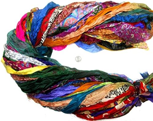 Vintage Fabrics Crafts 104 Strips 50 Yards Total, 17–19 Inch Unstitched Pure Silk Fabric Tassel Skeins Silk Sari Ribbon Yarn Tassels SKEINS Mixed Shades Journal Scrapbook Craft Project India lot