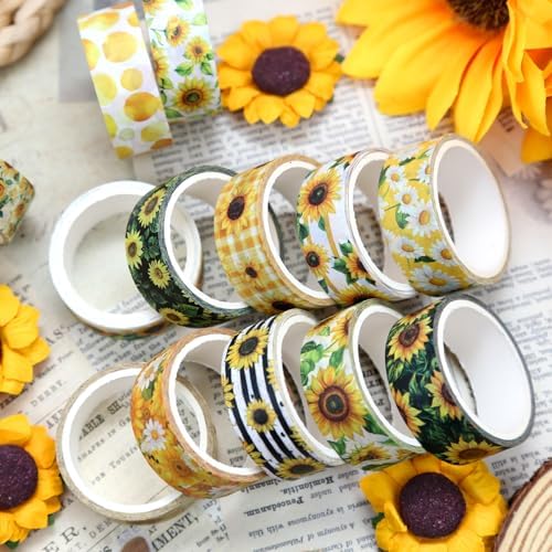 16 Roll Washi Tape Set, Sunflower Design, 3m x 15mm, Multicolored, Water Resistant, Repositionable, Arts And Craft Tape