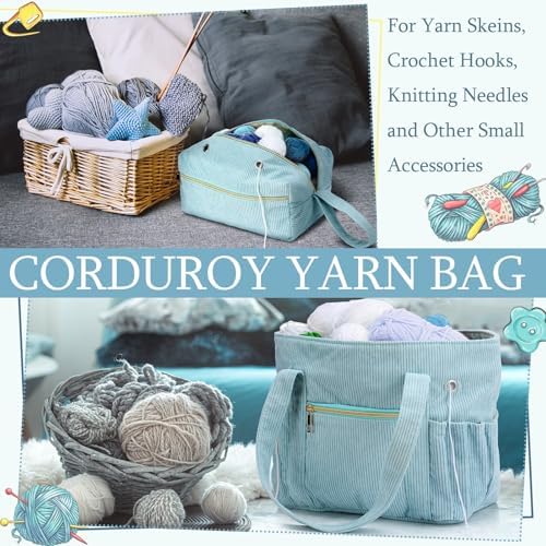 Bulyoou 2 Pcs Crochet Tote and Yarn Bag Set Corduroy Yarn Holder, Blue