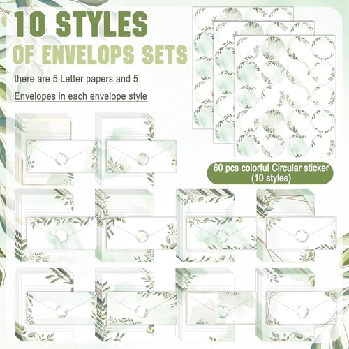 TaoBary 160 Pcs Green Leaves Stationery Paper and Envelopes Set, 8.5 x 11''