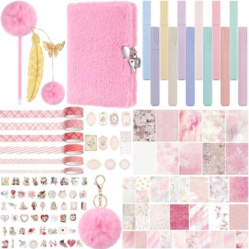 Janlaugh DIY Journal Diary with Lock Pack Scrapbook Kit, Pink, Plush | Stationery Diary Supplies, Scrapbook Supplies Art Crafts Kit for Birthday Holidays Ideal Gifts, Feather Bookmark Stickers