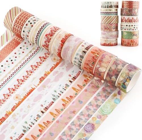 12 Rolls Aesthetic Washi Tape Set, Gold Foil Tree Ferris Wheel Hot Air Balloon Decorative Tape, Landscape Pattern Masking Tapes for DIY Scrapbook Design Journaling Handbook Making Card Wrap Craft