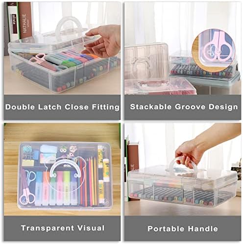 BTSKY 2-Tier Cute Bear Storage Box with Removable Divided Tray Portable Clear Plastic Art Craft Supply Organizer Stackable Home Office Supplies Storage Container for Pens Notes A4 papers etc (Coffee)