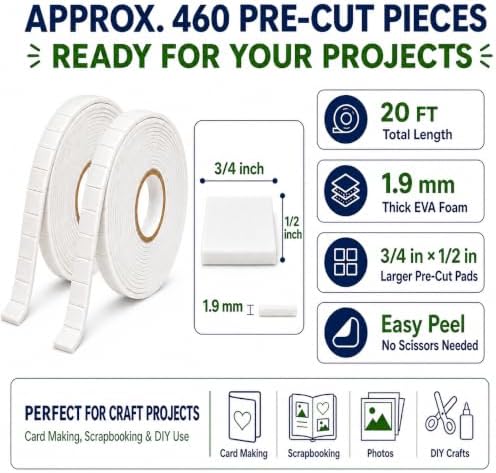 2 Rolls Pre-Cut Double Sided Foam Tape, 460 Large Craft Pads or Card Making