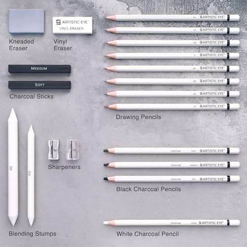 ARTISTIC EYE Premium Drawing and Sketching Pencil Art Set (20 Items): Complete Kit with Graphite Pencils, Charcoal Pencils, Sticks, Blending Stumps, Erasers, and Sharpeners